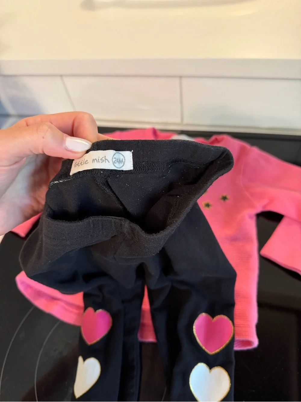 Little Mish Pink Top and Black Leggings Heart Set
